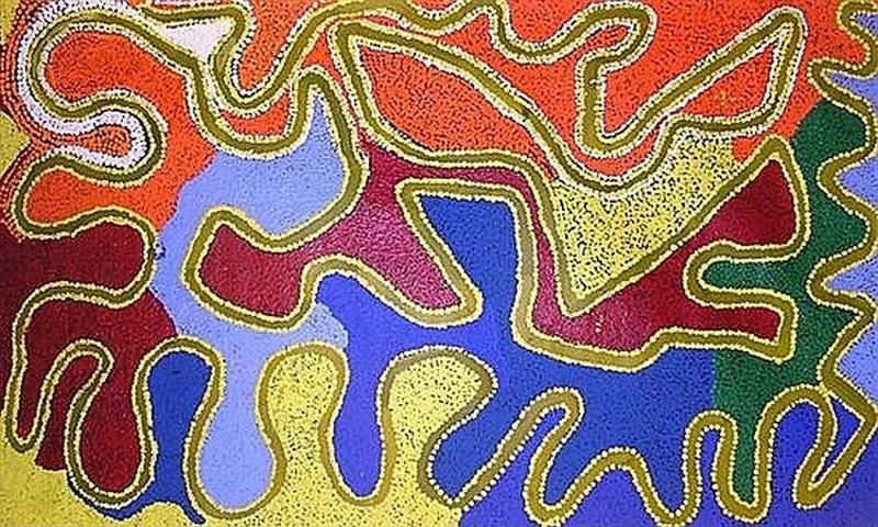Untitled (2005) by Tommy Watson, acrylic on linen with flowing bands of orange, blue, crimson, green and yellow forming an abstract aerial view of Western Desert Country.