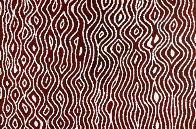 Untitled by Warlimpirrnga Tjapaltjarri, 2001. A vertical painting in deep reddish-brown and bright white. Thick white parallel lines flow from top to bottom in gently undulating ribbons, repeatedly narrowing into elongated diamond and eye-shaped forms. The strong contrast between the white lines and dark background creates a bold shimmering effect reminiscent of woven fibres, desert grasses or wind moving across sand.