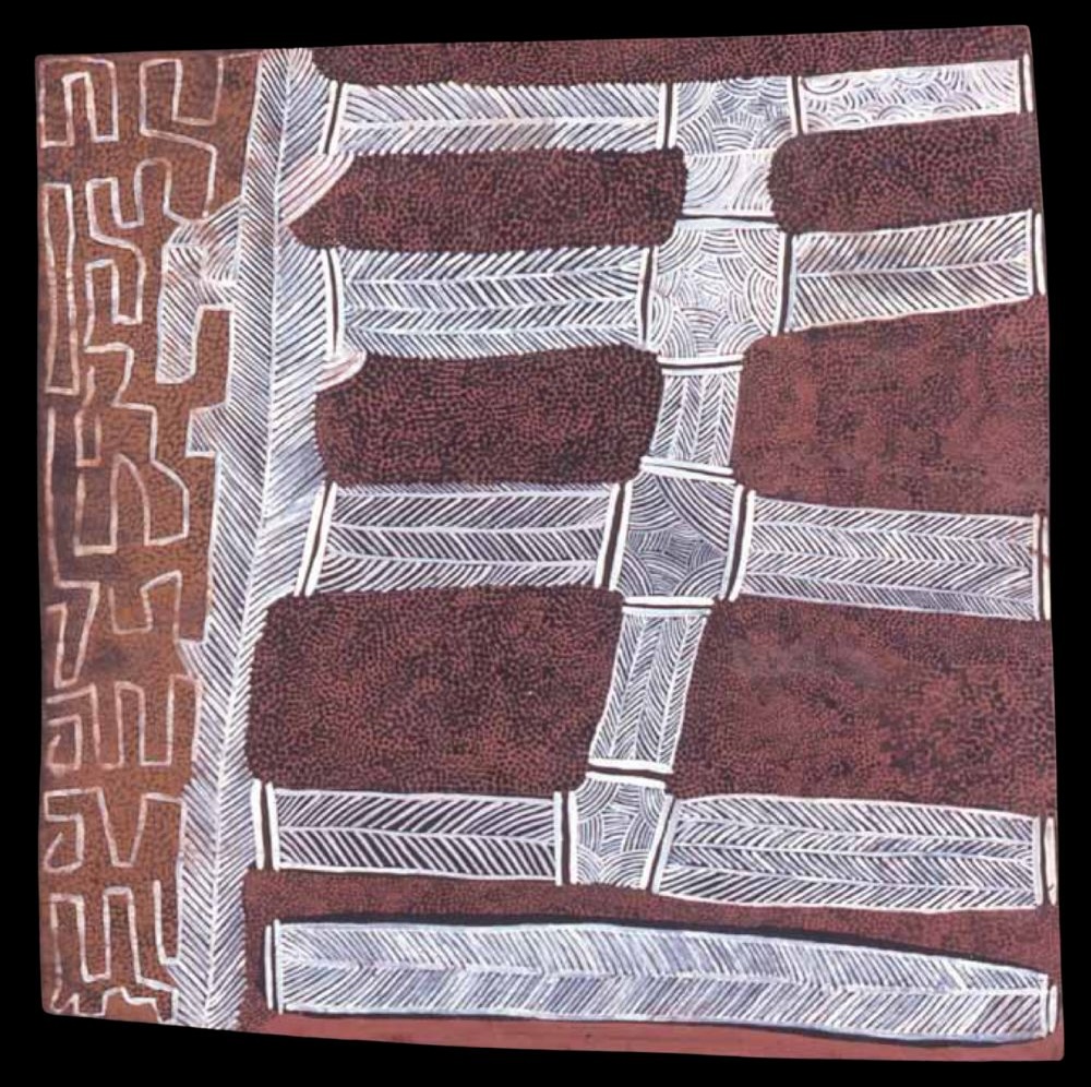 Early Papunya Board painted on composition board with acrylic paint at Papunya in 1972, attributed to Turkey Tolson Tjupurrula.
