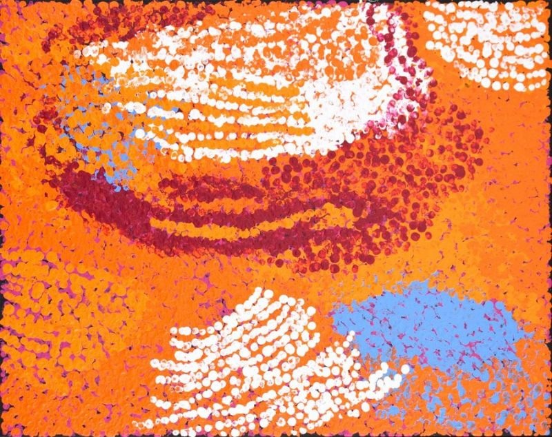 Untitled (Artist's Country) (2015) by Tommy Watson, synthetic polymer paint on Belgian linen with vibrant orange, crimson, white and pale blue dotted forms expressing the artist's ancestral Country.