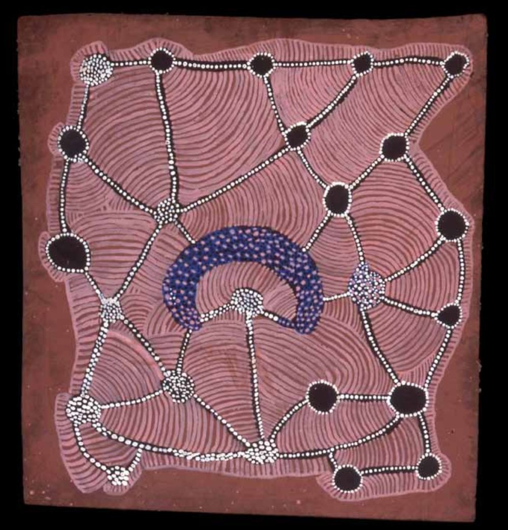 Early Papunya Board by an unknown Pintupi artist featuring concentric circles, pathways and Aboriginal dot painting representing an ancestral journey across Western Desert Country.