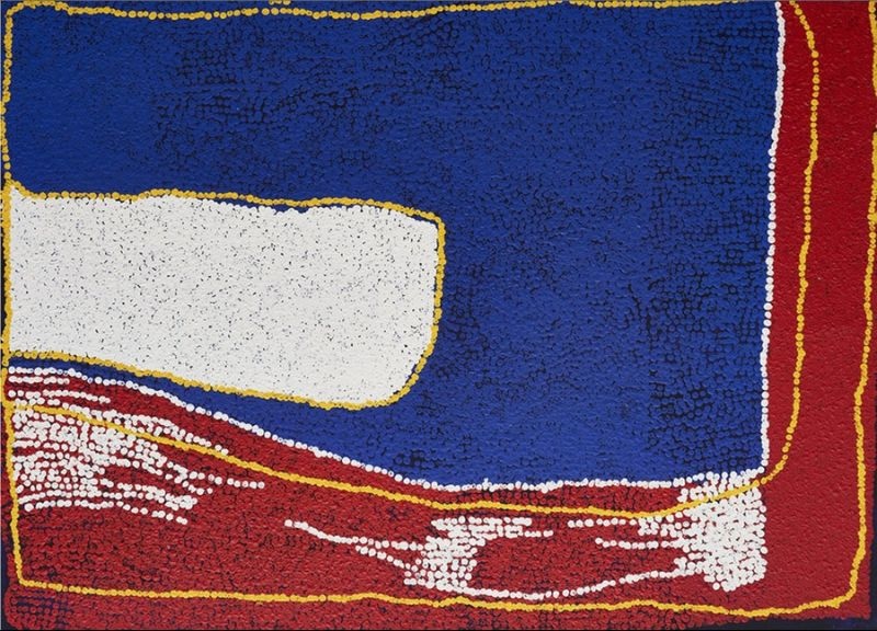 Ngura Iyarka (2005) by Tommy Watson, acrylic on Belgian linen featuring expansive fields of deep blue, crimson and white with minimalist dotted forms representing Iyarka Country.