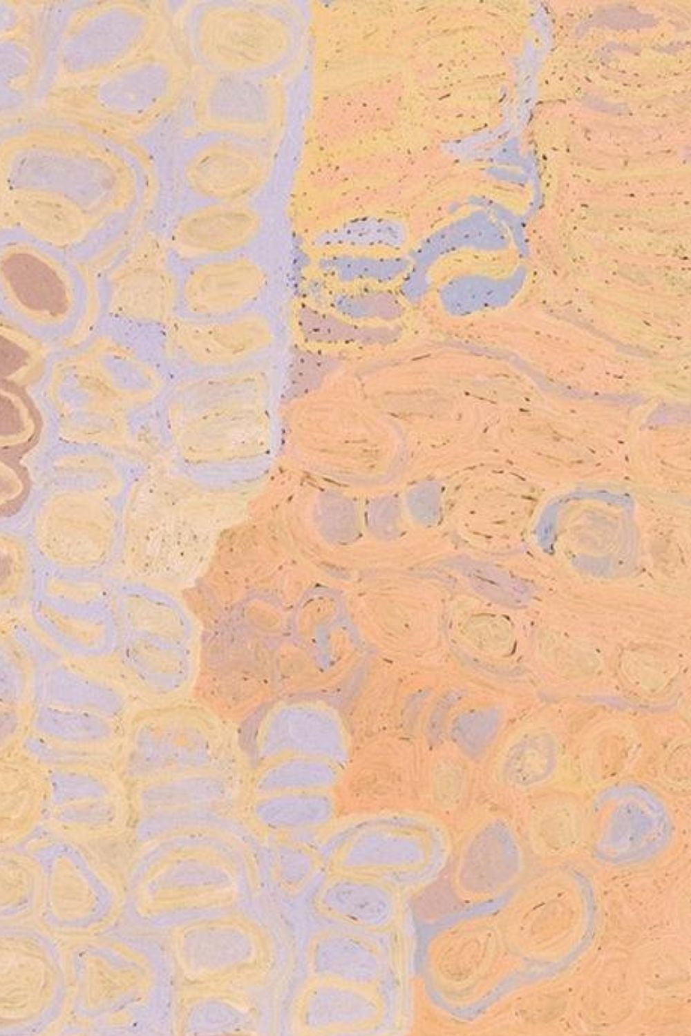 Kungka Kutjarra (Two Women) (1994) by Makinti Napanangka featuring soft mauve, cream and peach forms representing the ancestral journeys of the Two Women near Lake MacDonald.