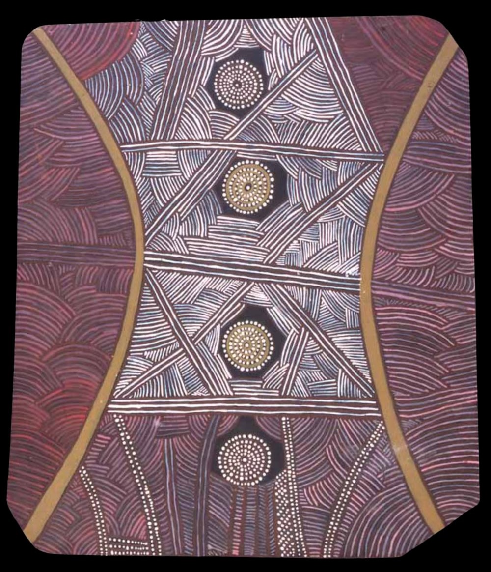 Untitled Papunya Board from 1971–1972 depicting a possible Tingari or Budgerigar Dreaming, Australian Museum collection.
