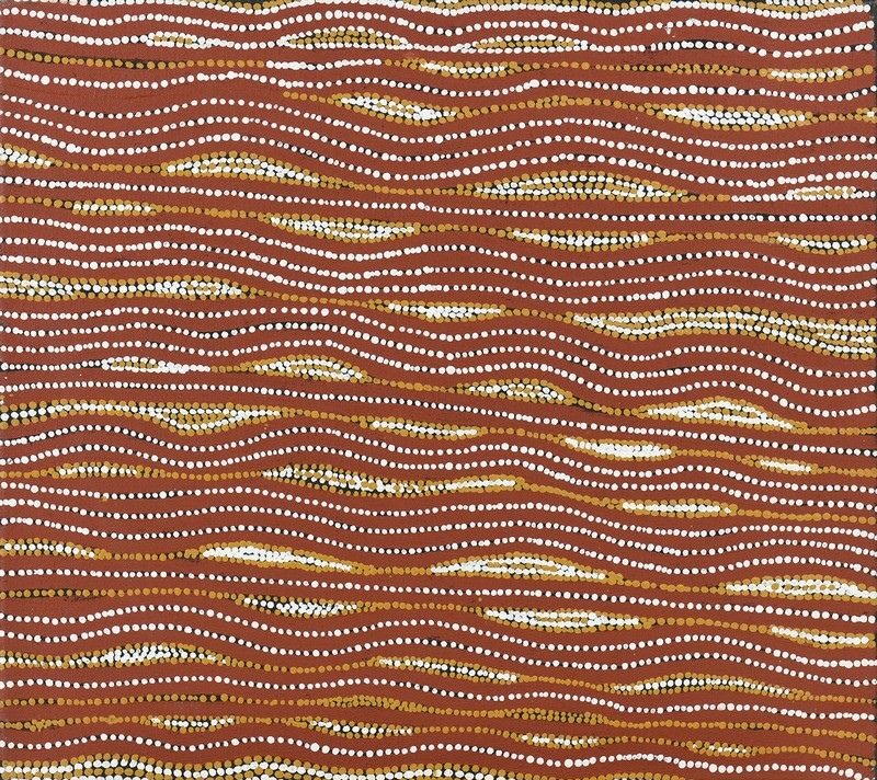 Untitled by Warlimpirrnga Tjapaltjarri, 1999. A small square painting in warm desert colours of reddish brown, ochre, cream and white. The entire surface is covered with gently undulating horizontal rows of large white dots separated by narrower ochre and brown bands. Small almond-shaped openings appear between the lines, creating a subtle shimmering pattern that resembles rippling sand dunes or light moving across the desert.