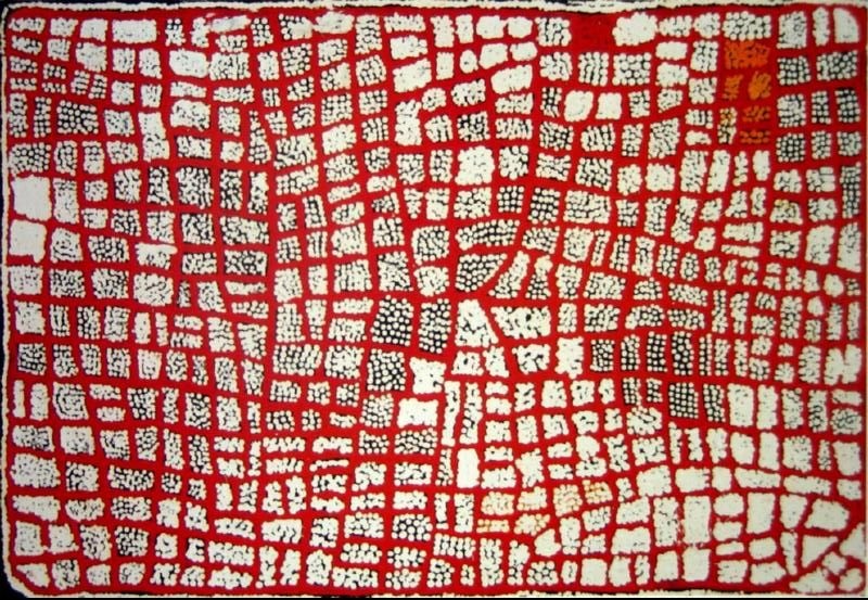 Naata Nungurrayi painting Senior Women Camped at the Rockhole Site of Marrapinti (2002), featuring an intricate network of white dotted ceremonial pathways across a vivid red ground representing the Marrapinti site in Pintupi Country.