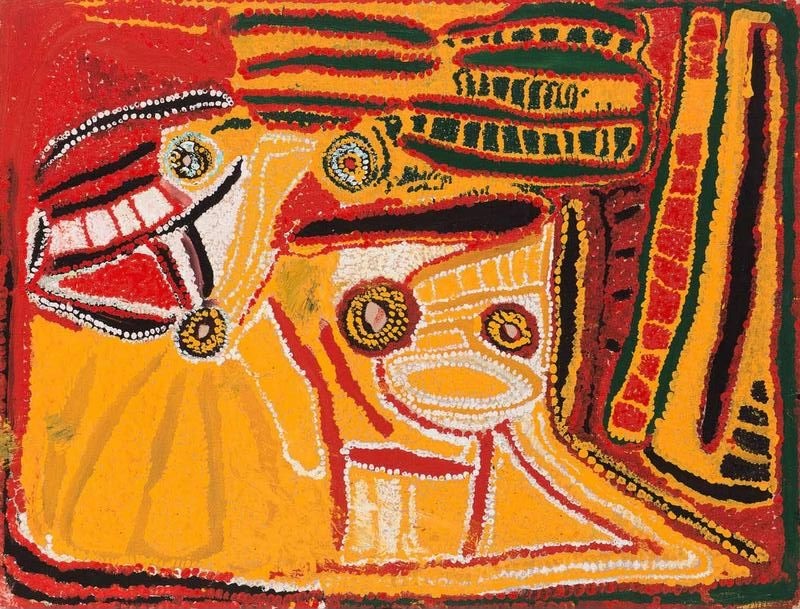 Artist's Country (Yuratjadda) (1992) by Eubena Nampitjin depicting Yuratjadda Rockhole and surrounding bush food sites in the Great Sandy Desert.