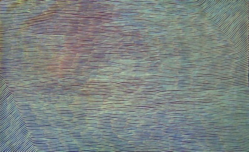 George Tjungurrayi Tingari Cycle 2004 Papunya Tula painting with fine pale blue and cream parallel lines flowing across a dark blue-grey background