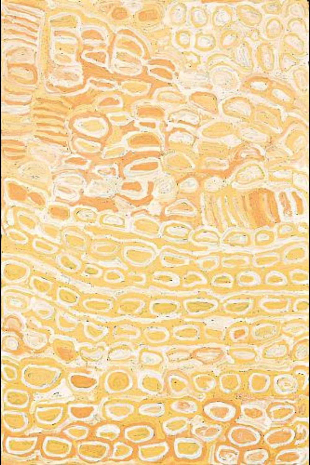Travels of Kungka Kutjarra (Two Women) to a Site South of Lake MacDonald (2000) by Makinti Napanangka, painted in soft yellow and white with flowing ceremonial forms inspired by Pintupi women's traditions.