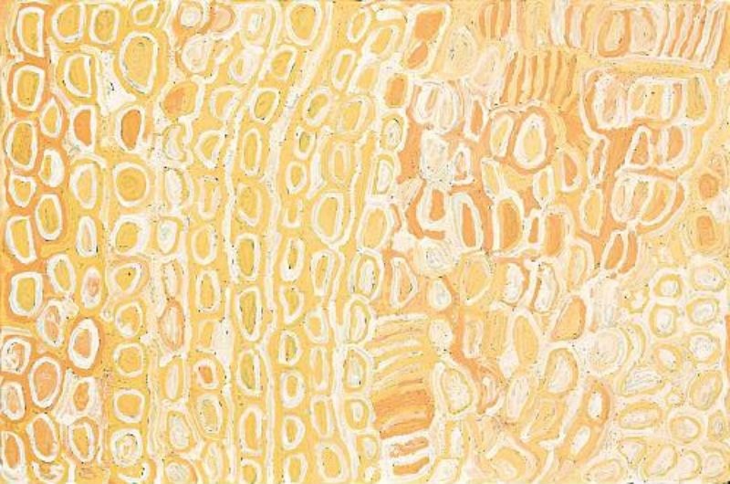 Travels of Kungka Kutjarra (Two Women) to a Site South of Lake Macdonald by Makinti Napanangka, 2000, synthetic polymer paint on linen, 92 × 61 cm.