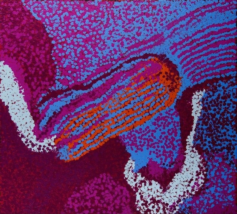 Ngayuku Ngura (2014) by Tommy Watson, acrylic on linen with vivid blue, purple and magenta fields intersected by flowing white and orange dotted forms representing ancestral Country.