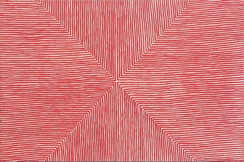 George Tjungurrayi Untitled 2002 Papunya Tula painting with fine red parallel lines radiating from a central cross on a pale cream background