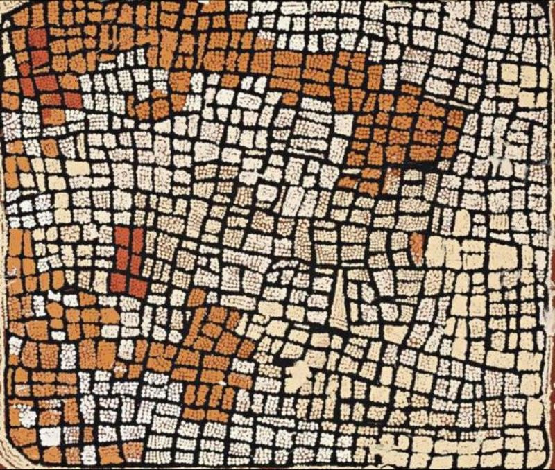 Naata Nungurrayi painting The Rockhole and Soakage Water Site of Ngaminya (2004), featuring an intricate network of cream, ochre and terracotta dotted pathways on a black ground representing the Ngaminya rockhole in Pintupi Country.