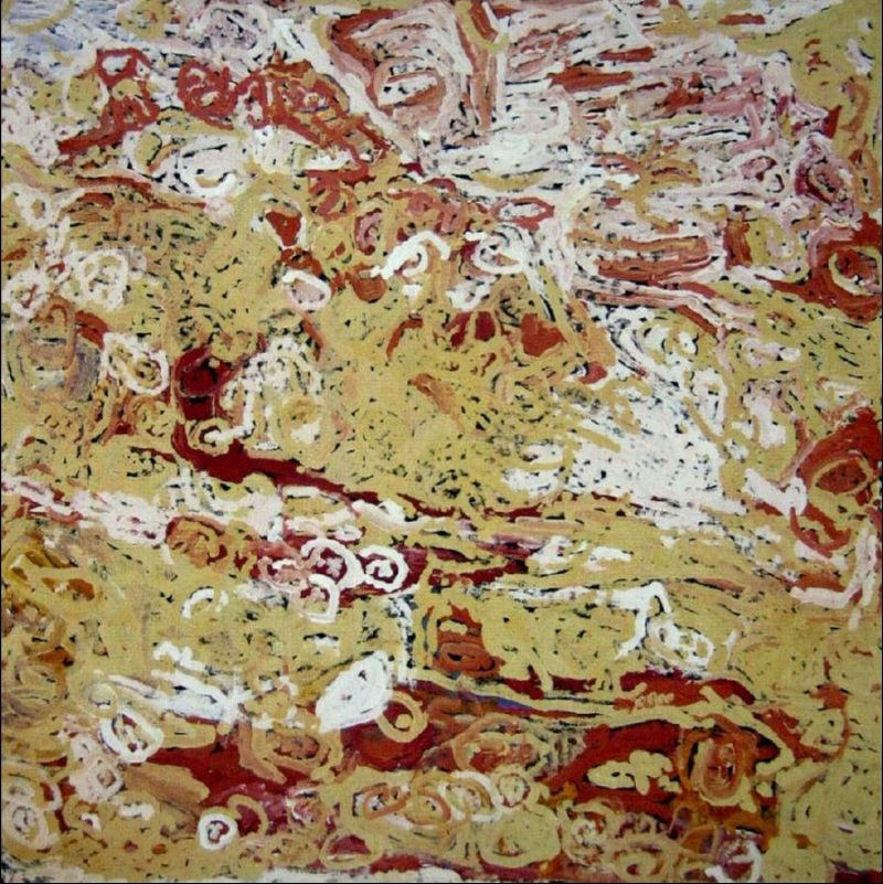 Untitled (Designs Associated with the Travels of Kungka Kungka) by Makinti Napanangka, 1997, synthetic polymer paint on linen, 91 × 91 cm.
