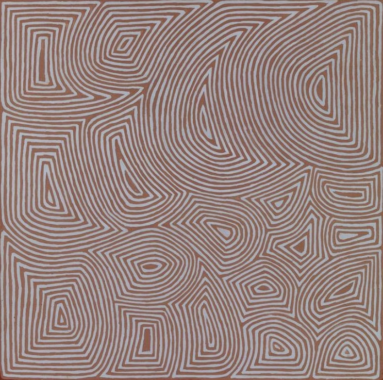 George Tjungurrayi Tingari Cycle 1996 Papunya Tula painting with fine reddish-brown parallel lines forming geometric Tingari sites on a pale grey background