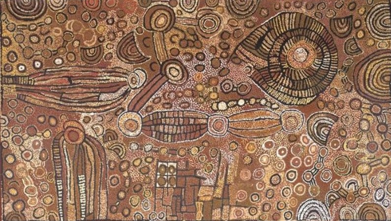 Naata Nungurrayi painting Marrapinti Rockhole (2005), depicting ceremonial sites, rockholes, travelling paths and sandhill motifs in rich ochre, brown, cream and black across an intricate aerial landscape.