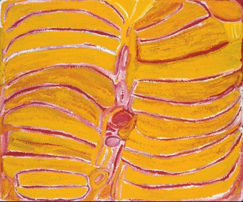 Kinyu by Eubena Nampitjin showing brilliant yellow and ochre sandhill forms, a vertical chain of rockholes and pink and white dotted contours in the Balgo painting style.