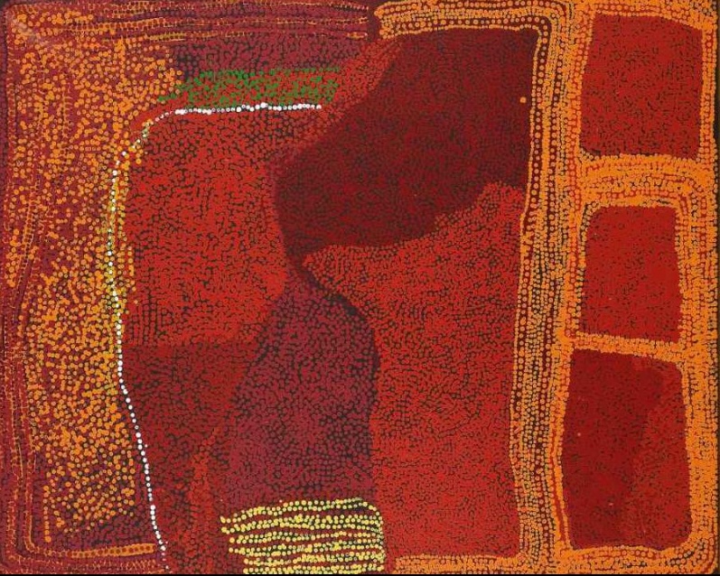 Kukutjara (2003) by Tommy Watson, synthetic polymer paint on canvas with rich red and ochre colour fields, intricate dotting and bold linear forms representing Kukutjara Country.
