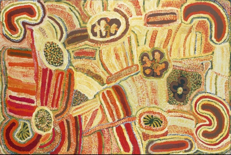 Parwalla, Near Kiwirrkurra (1998) by Elizabeth Nyumi, synthetic polymer paint on linen depicting sand dunes and bush food Country in the Great Sandy Desert.