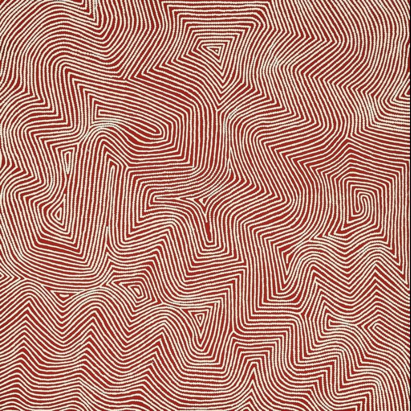 Marawa by Warlimpirrnga Tjapaltjarri, 2003. A square painting in rich terracotta red and cream. Thousands of fine cream dots form broad parallel lines that sweep across the canvas in flowing zigzags, curves and angular turns. The interlocking lines create a shimmering optical effect like wind-blown desert sand, while the warm earthy colours give the painting a sense of depth, movement and radiant heat.