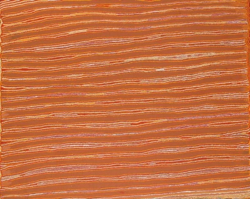 A wide horizontal Aboriginal painting composed almost entirely of parallel wavy lines flowing from left to right across the canvas. The painting is dominated by warm desert colours including burnt orange, terracotta, ochre, reddish-brown, cream and soft white. Hundreds of finely painted dotted lines run side by side in gentle undulations, creating the appearance of wind-shaped sand dunes, rippling desert plains or contour lines viewed from above. Subtle shifts in colour and line spacing produce a shimmering optical effect, while the absence of circles or large motifs gives the composition an exceptional sense of openness, rhythm and quiet movement across the landscape.
