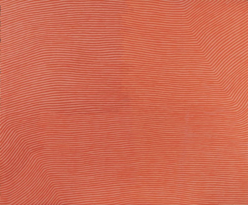George Tjungurrayi Mamultjulkulunga 1998 Papunya Tula painting with fine reddish-brown parallel lines flowing across a warm salmon-orange background