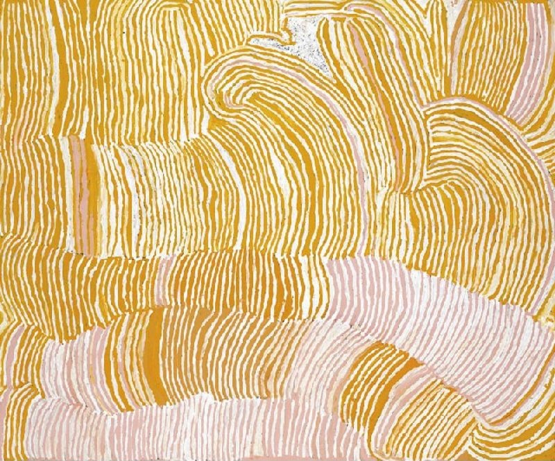 Rockhole Site of Lupulnga by Makinti Napanangka, 2001, synthetic polymer paint on linen, 183 × 152 cm.
