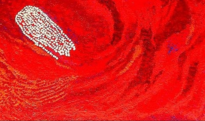 Yannima (2009) by Tommy Watson, acrylic on linen featuring a luminous field of crimson and scarlet with a single white dotted form in an abstract depiction of Western Desert Country.