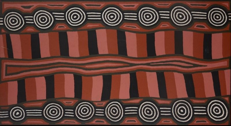 George Tjungurrayi Untitled 1990 Papunya Tula painting with concentric circles, striped sandhills and central ceremonial pathway