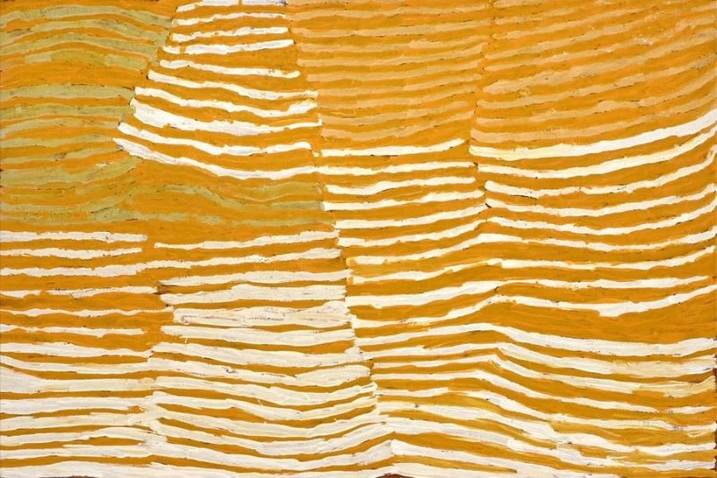 This intimate 2003 painting focuses on the ceremonial hair-string belt, one of the defining motifs of Makinti Napanangka's art and a powerful symbol of Pintupi women's ceremony.