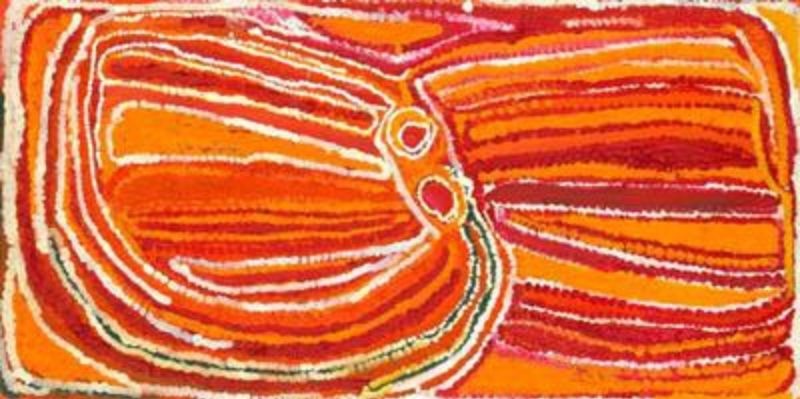 Untitled painting by Eubena Nampitjin, 1998 acrylic on canvas depicting Country in the Great Sandy Desert.