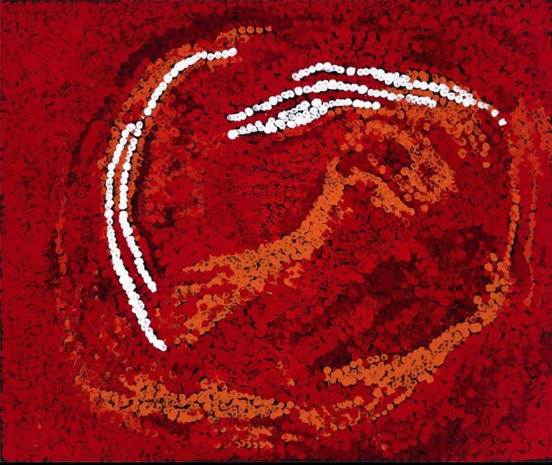 Untitled (2014) by Tommy Watson, acrylic on canvas with deep crimson and red fields surrounding sweeping white and ochre dotted forms representing ancestral Country.
