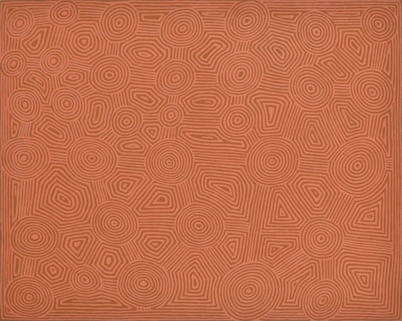 George Tjungurrayi Untitled 1997 Papunya Tula painting with concentric circles and geometric rockholes in soft terracotta on a salmon pink background