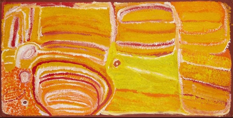 Kinyu by Eubena Nampitjin featuring sweeping bands of yellow, orange, ochre, cream and white surrounding rockholes, painted in her expressive late Balgo style.