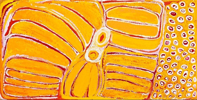 Walamalu Taltu by Eubena Nampitjin, 2000 acrylic painting depicting Country in the Great Sandy Desert, Western Australia.