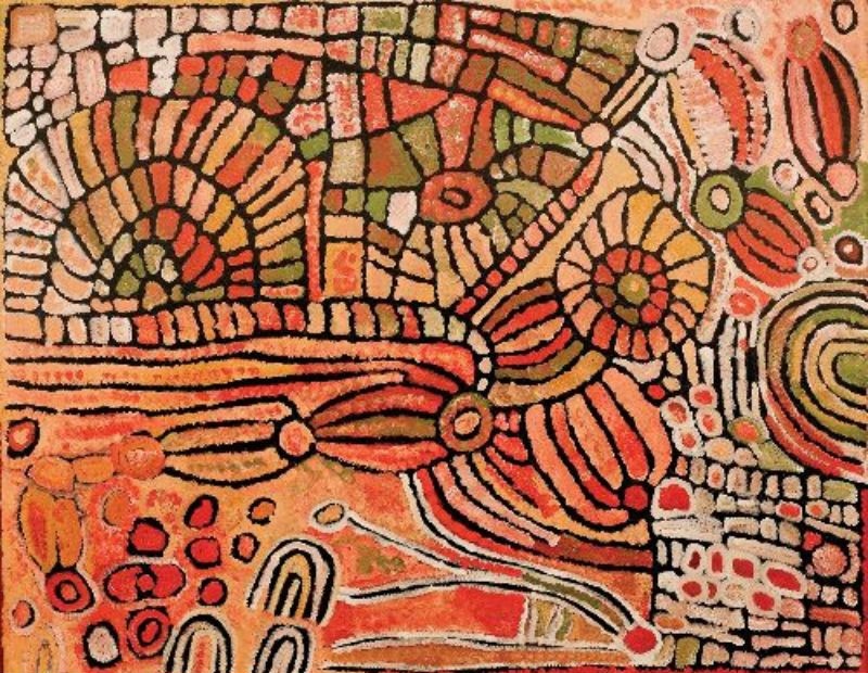 Naata Nungurrayi painting Women's Dreaming (2004), featuring ceremonial circles, sweeping sandhill forms and interconnected pathways in warm pink, ochre, olive green, cream and black.