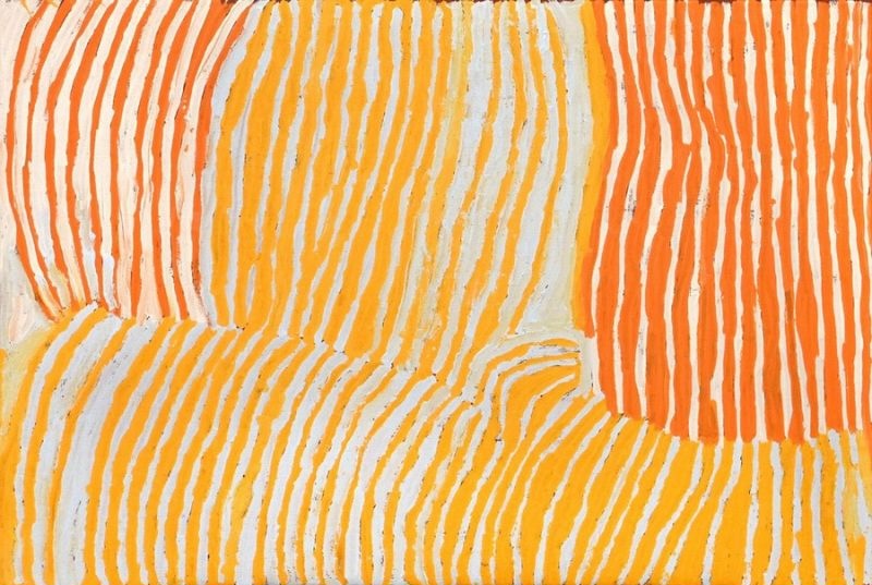 Women's Hair-string by Makinti Napanangka, 2003, synthetic polymer paint on Belgian linen, 91 × 61.5 cm.
