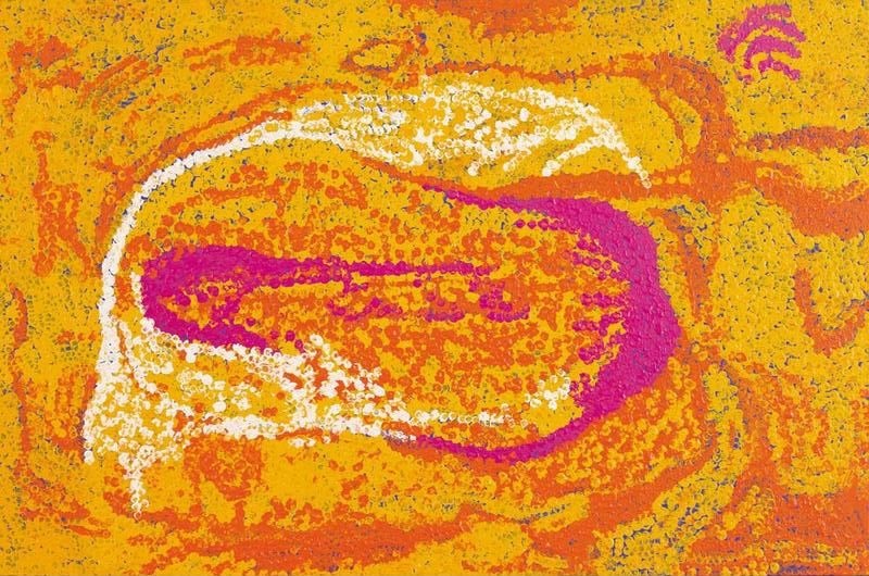 Yukula (2011) by Tommy Watson, synthetic polymer paint on Belgian linen featuring luminous ochre, yellow, orange, magenta and white abstract forms representing Yukula Country.