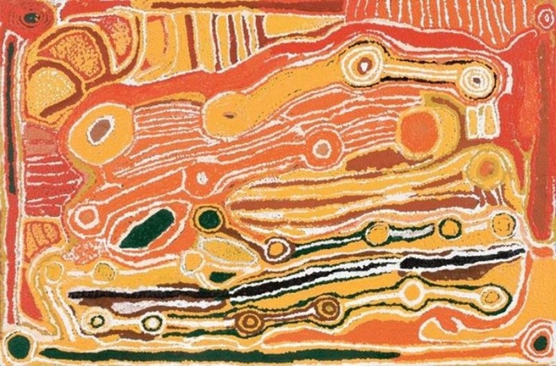 Untitled painting by Eubena Nampitjin, 1995 acrylic on linen depicting Country in the Great Sandy Desert.