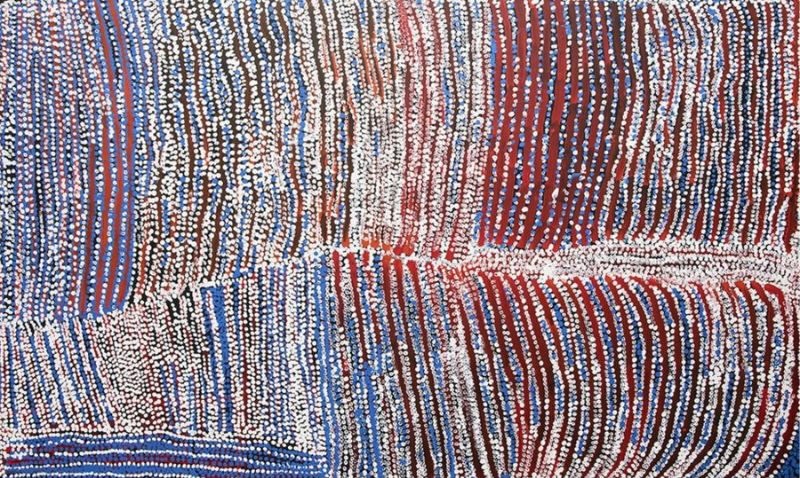 Untitled (2005) by Tommy Watson, acrylic on linen featuring shimmering vertical bands of white, blue and crimson dotting in an abstract representation of Western Desert Country.
