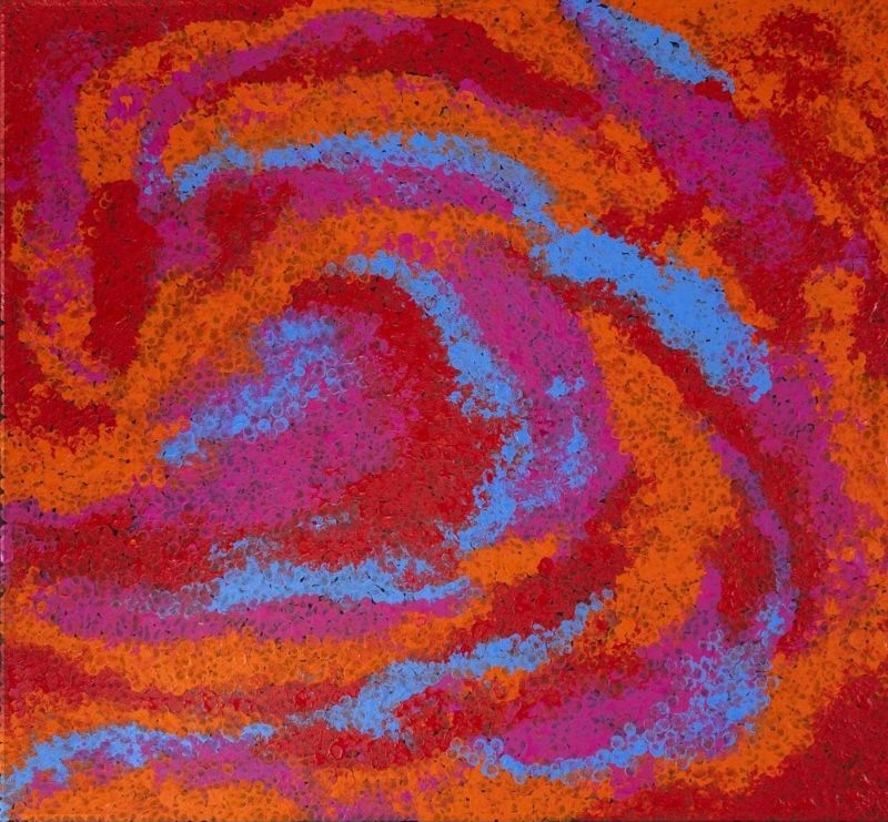 Untitled (2017) by Tommy Watson, synthetic polymer paint on canvas with swirling crimson, orange, magenta and pale blue abstract forms representing the artist's ancestral Pitjantjatjara Country.