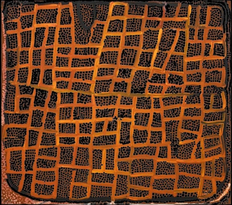 Naata Nungurrayi painting Untitled (Marrapinti) (2001), featuring an intricate network of ochre pathways and black dotted fields representing ceremonial designs associated with the Marrapinti site in Pintupi Country.