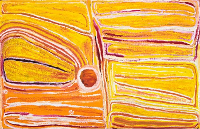 Kinyu by Eubena Nampitjin, 2000 acrylic painting depicting Country near the Canning Stock Route, Balgo, Western Australia.