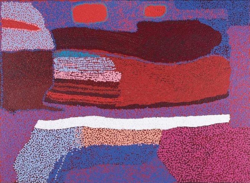 Iyarka (2005) by Tommy Watson, synthetic polymer paint on linen with luminous violet, blue, crimson and white colour fields depicting the sacred site of Iyarka near Mount Connor.