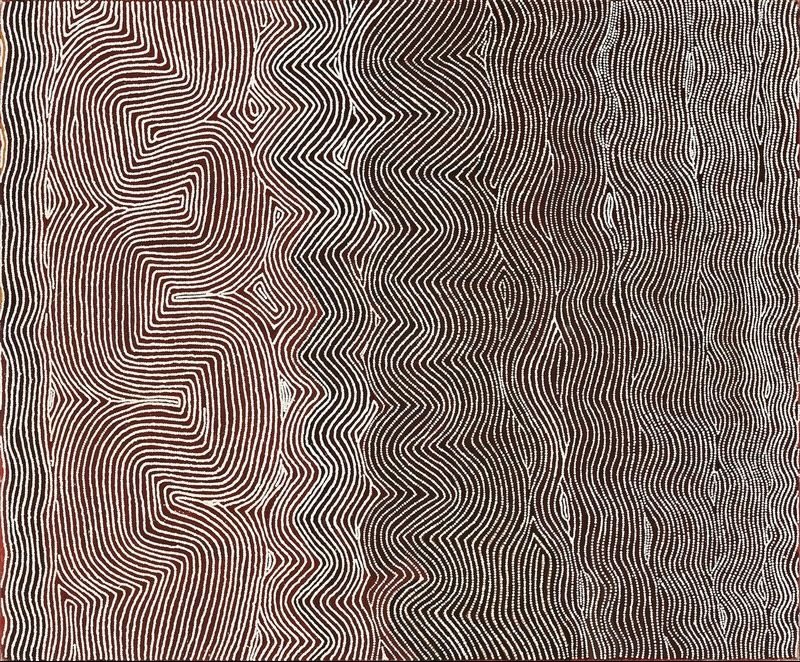Maw Maw Yntjipi by Warlimpirrnga Tjapaltjarri, 1999. A large horizontal painting filled with thousands of fine white dotted lines flowing across a deep reddish-brown and black background. Broad vertical bands of gently undulating and zigzagging parallel lines move across the canvas, creating a shimmering optical effect like wind-blown sand dunes or rippling desert light. The restrained palette and rhythmic patterns give the painting a powerful sense of movement and depth.
