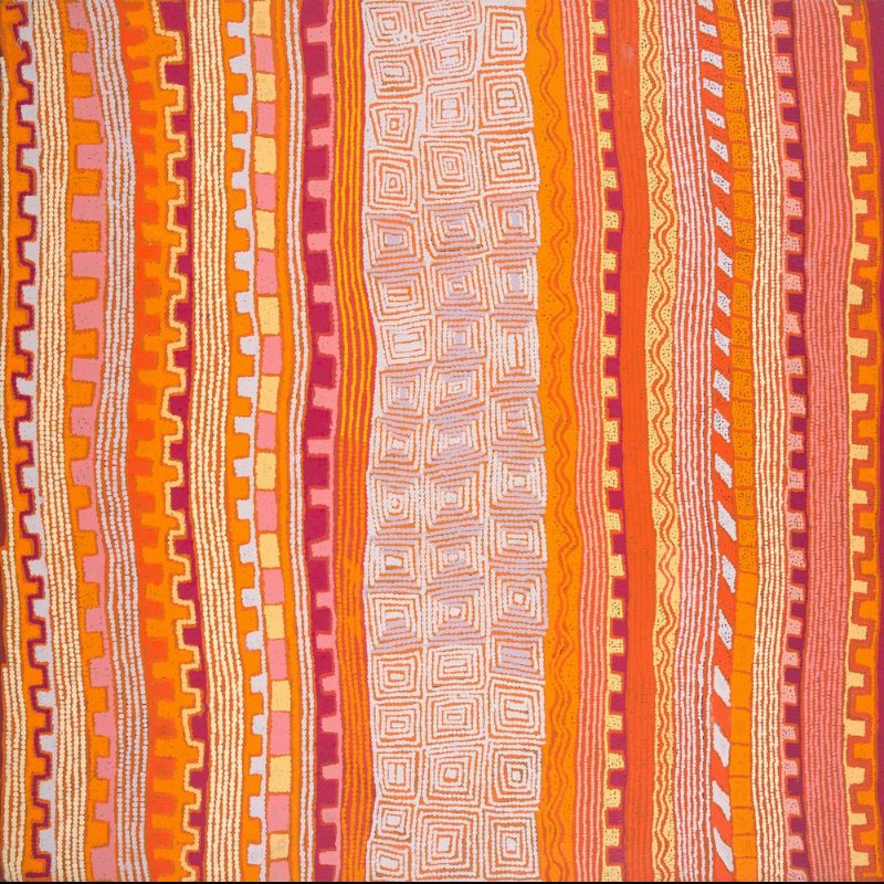 A square Aboriginal painting composed of bold vertical bands in radiant shades of burnt orange, vivid orange, golden yellow, terracotta, cream, white, soft pink and deep magenta. Running from the top to the bottom of the canvas, each band has its own repeating pattern, including stepped motifs, parallel dotted lines, nested rectangular designs, zigzags and alternating blocks of colour. A broad cream band near the centre is filled with dozens of concentric rectangular shapes that resemble ceremonial ground designs viewed from above. Thousands of tiny dots define every line and edge, creating a shimmering surface with a strong sense of rhythm and order. The uninterrupted vertical stripes give the impression of looking down on parallel desert landforms or ceremonial pathways stretching across Country.