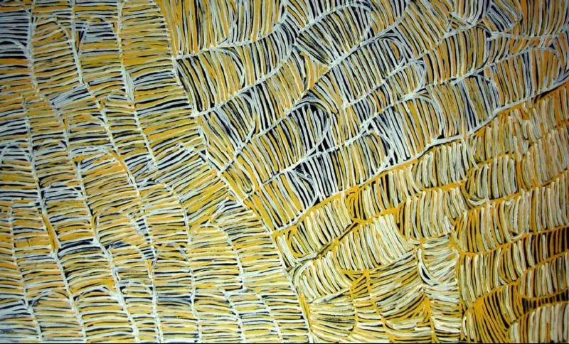 Untitled (Designs Associated with Rockhole Site of Lupulnga) by Makinti Napanangka, 2000, synthetic polymer paint on linen, 122 × 61 cm.