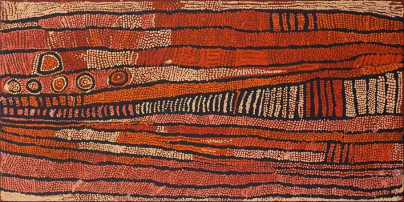 Naata Nungurrayi painting Untitled (Rockhole and Soakage Water Site of Marrapinti) (2005), featuring flowing horizontal sandhill bands in rich red, ochre, cream and black with ceremonial rockhole motifs.
