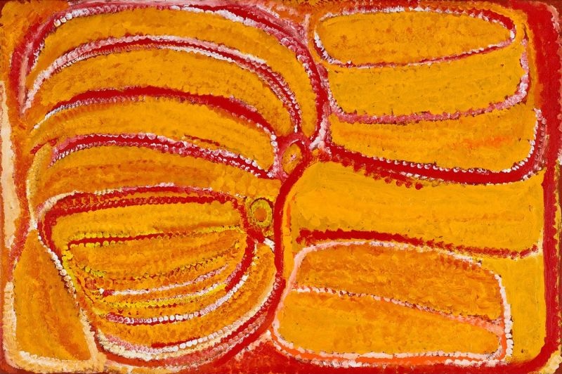 Kunawarritji by Eubena Nampitjin showing vibrant yellow and orange sandhill forms surrounding linked waterholes with red, pink and white dotted contours in the Balgo painting style.
