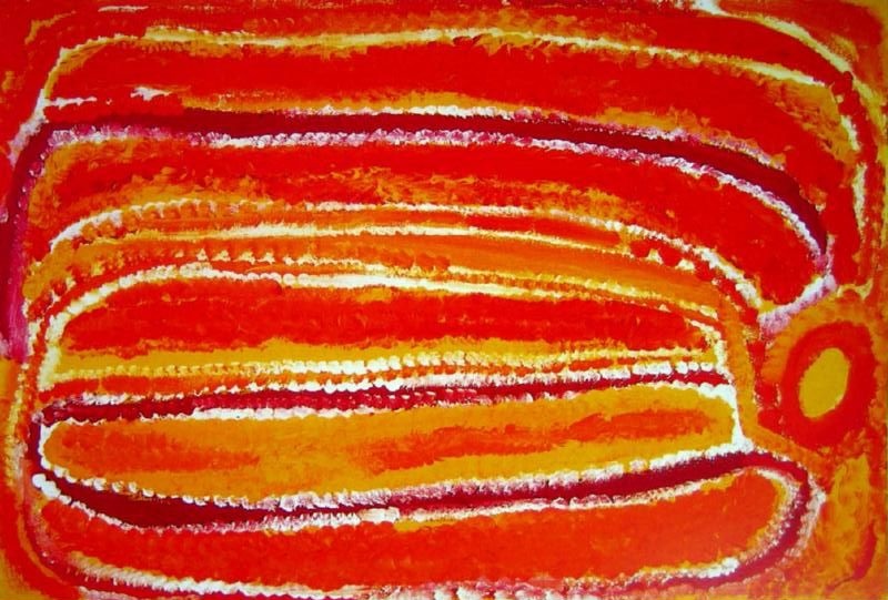 Wiritji Kinu Rockhole by Eubena Nampitjin, 1999 acrylic painting depicting sand dunes and a rockhole in the Great Sandy Desert.